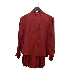 True Vintage Sak's Fifth Avenue Silk Brick Red Shirt & Skirt Set 70s 80s Size 4